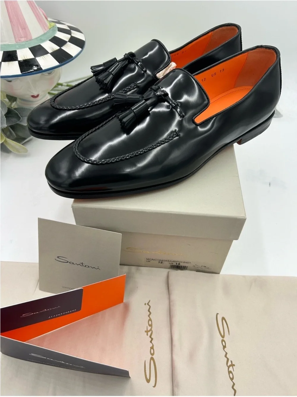 Men’s SANTONI black leather tassel loafer size 13 US made in Italy